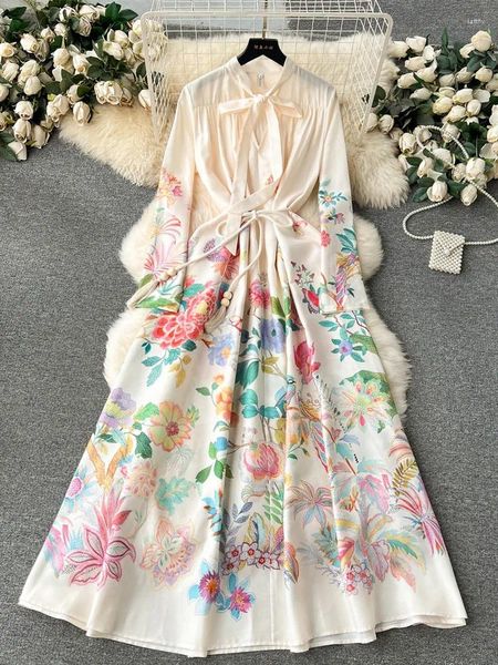 Lässige Kleider 2024 Frauen Vintage Long Dress Print A-Line Ruffen elegante Floralparty Damen Robe Vestidos