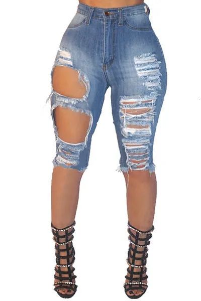 Trendy Womens Ripped Jeans Fashion Elastic High Taille Skinny Denim Jeans Knie Länge Stifte Hosen Sommer lässig Hipster Jeans 240509