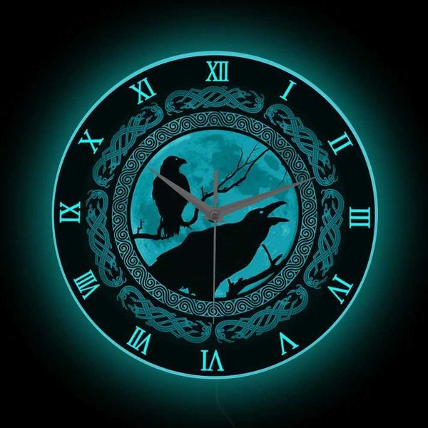 Настенные часы Odins Crow Glow Print Clock Home украшения норвежская мифология Hugin и Munin Odin God Neon Light Q240509