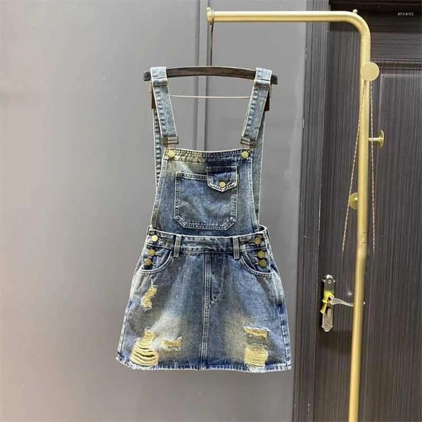 Lässige Kleider Chic Denim Schultergurt Kleid Frauen 2024 Sommer Übergroßer Retro Ripped Löcher Jean Overalls A-Line Mini