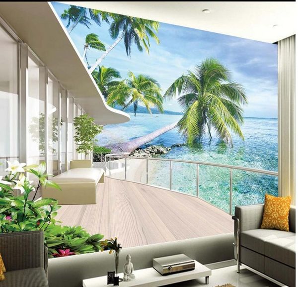 Costa de alta qualidade Villa Balcony Landscape TV Wall Background Mural 3D Papel de parede 3D Papéis para o cenário de TV3783870