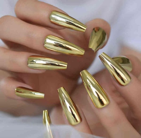 Falsche Nägel Metallic Coffin Nagel Tipps Long Ballerina Gold Mirror gefälschte Presse am vollen Set für Fingernageldekorationen 2202256510250