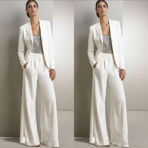 2021 Neue Bling -Pailletten Elfenbein weiße Hosen Anzüge Mutter der Braut Kleider formelle Chiffon Tuxedos Frauen Party Tragen neuer Mode bescheiden 2 208w