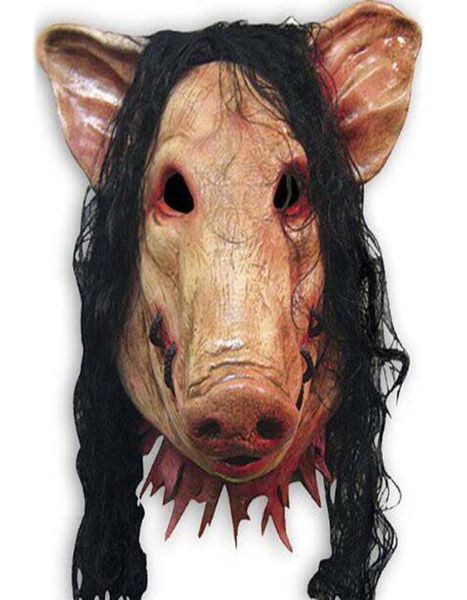 Máscara de halloween de terror viu 3 máscara de porco com cabelo preto adultos de rosto completo máscara de látex máscara de terror traje com cabelo 200083