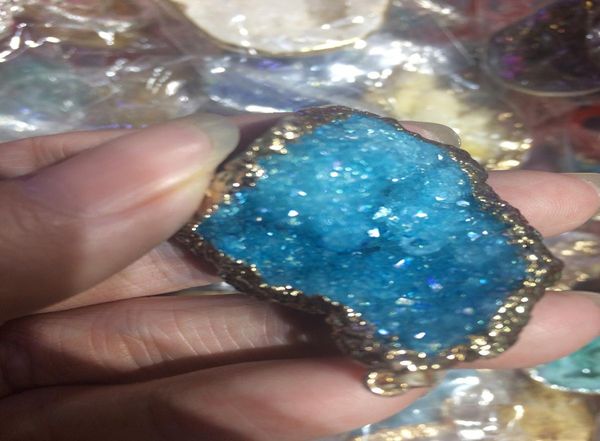 1 peça crua druza azul agate cluster geode fatia pingente de prata colar de cristal branco natural para categações de cura