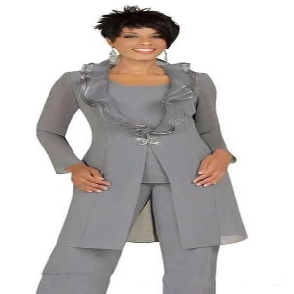 2019 Grey Chiffon Mother of the Bride Pant Abito con giacca lunga fatta personalizzazione da donna a buon mercato abiti per gli ospiti abiti da sera 250q 250q
