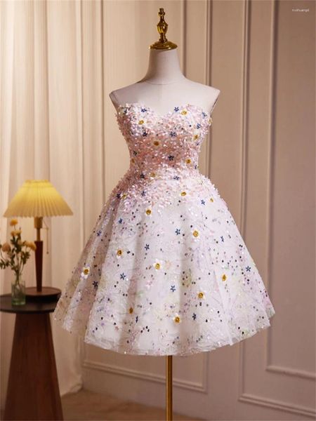 Vestidos de festa Sweetheart 3D Floral Apliques Dress Homecoming para adolescentes Sparkly Corset Forman sem mangas da noite
