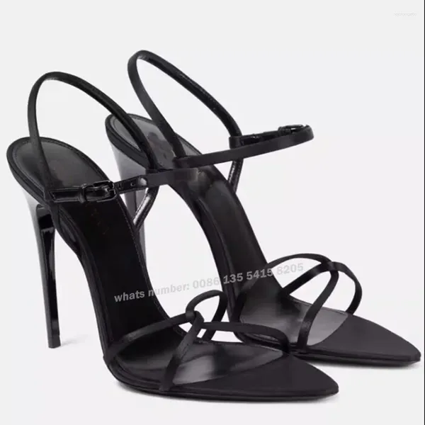 Scarpe vestito Black Satin Cross Slingback Sandals puntato Teli a spillo di punta di piede con fitta per la caviglia delle donne Summer Est 2024 Sexy sexy