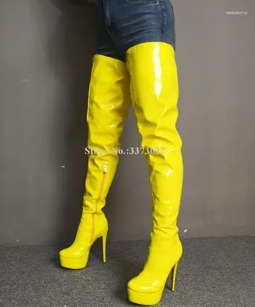 Stivali piattaforma giallo in pelle brevetto lunghe donne tacco da stiletto alla moda sopra il ginocchio