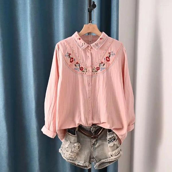 Blusas femininas fios de algodão mulheres primavera outono japão moda boho manga longa samas de bordado xadrez cinza