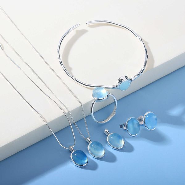 Designer Natural Sea Blue Treasure Collana Pure Silver Womens Serie Natural Siete Natural Ring Ournuds Ourneds Set di catene di clavicola semplice