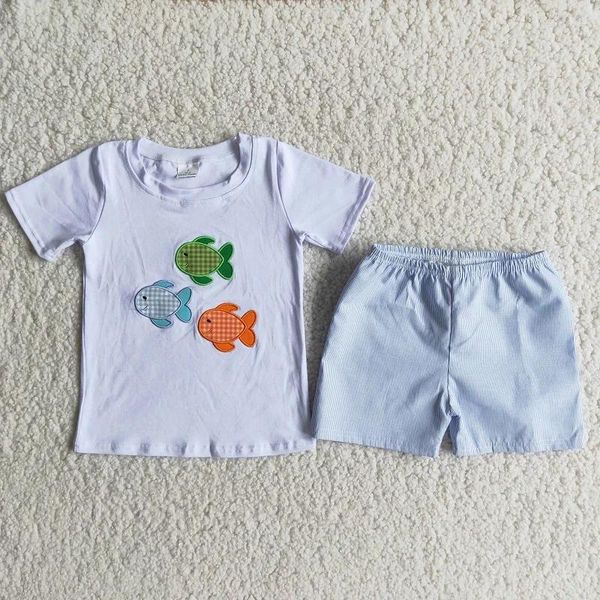 Set di abbigliamento Summer Fashion Baby Boys Little Fish Blue Do Checkered Pants Short Sheeve Set Boutique Boutique Bambini vestiti