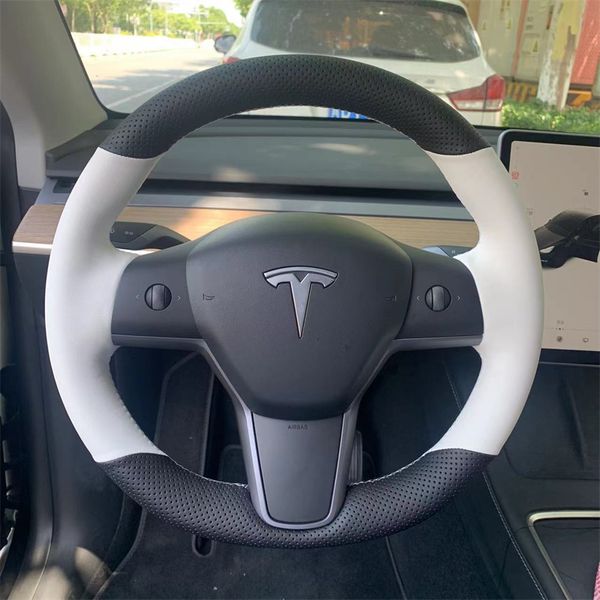 100% ajuste para Tesla Modelo 3 2015-2021 Modelo Y 2019-2021 Interior de carro Diy costure em preto branco em couro genuíno genuíno não deslizante de desgaste de desgaste da tampa do volante de carro