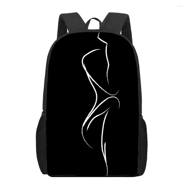 Backpack Black White Art Lineart Girl 3D Princied Book Bag Men 16 polegadas para meninos adolescentes Gardengarten Bagpack Children Mochila