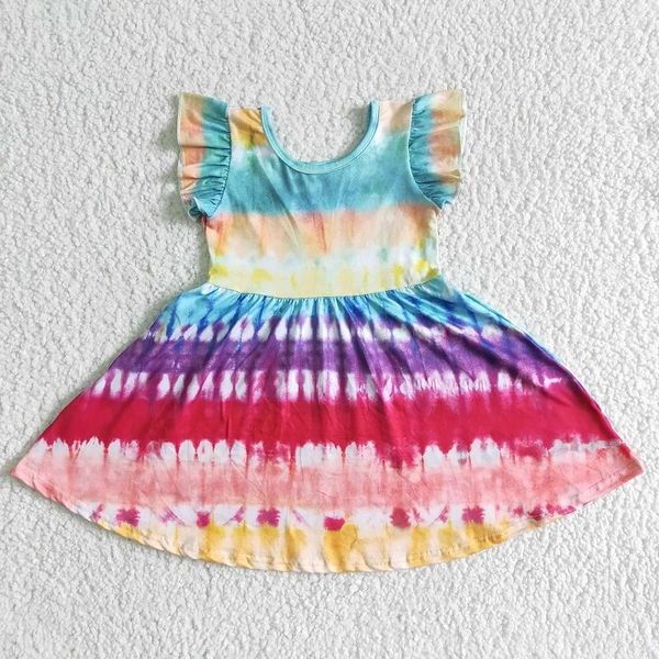 Roupas conjuntos de moda meninas vestido colorido com mangas voadoras de pescoço redondo grande saia butique por atacado Roupas