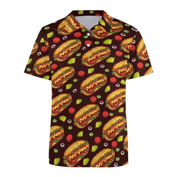 Men's Polos Food Pizza Burger 3D Mens camisa de pólo de cachorro-quente divertido cachorro-quente com mangas curtas de mangas curtas de mangas curtas q240509