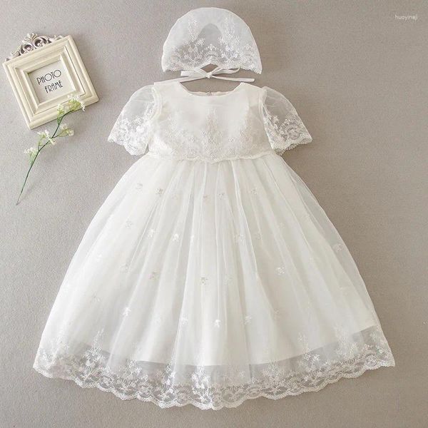 Vestidos de menina renda de bebê com chapéu 2pcs festa de casamento formal batizamento vestido de flor de roupas