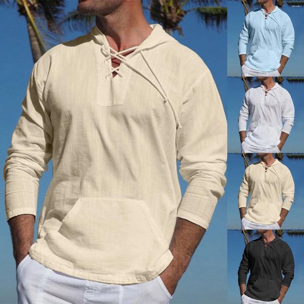 Herren lässige Hemden Frühling Sommer Baumwolle Leinen mit Kapuze Pullover fest dünne Langarm mit Hutschnitten Schnürung T-Shirts Männer Tops