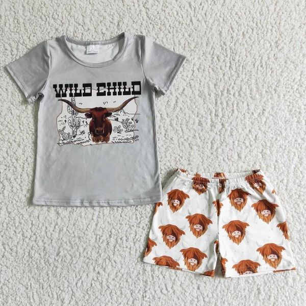 Set di abbigliamento Fashion Baby Boy Wild Child Grey Yak Shorts a maniche corte Adatta Red leopardo set di boutique all'ingrosso vestiti per bambini
