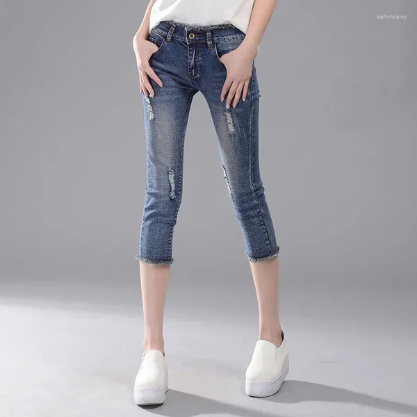 Jeans femminile pantaloni blu da donna pantaloni da donna per la donna magro magro lunghezza del ginocchio donna elastica in vita alta mamma