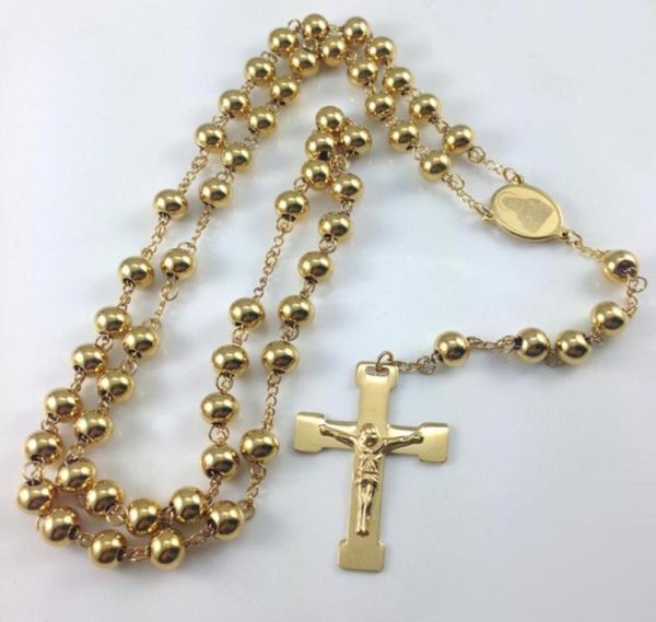 Modeschmuck Edelstahl Rosenkranz Halskette, Jungfrau von Jesus Anhänger Halsketten, schwere goldene Farbe Hip Hop Männer Schmuck 7615712