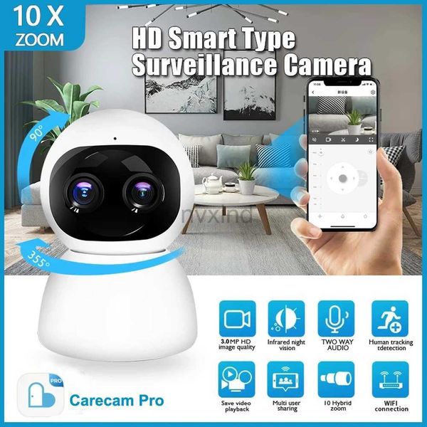 IP -камеры Hontusec 3MP Dual Lens Carecam Pro Wi -Fi Camera Camera 10x мониторинг камеры Камера Бидальное аудио автоматическое отслеживание камеры безопасности D240510