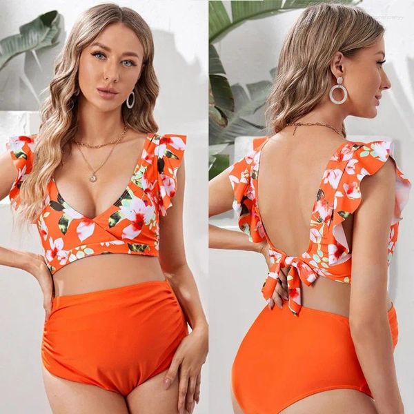 Swimwear femminile 2024 Stampa sexy set di bikini set di bikini Summer Beach Ruffle a due pezzi High Waist senza manica senza maniche