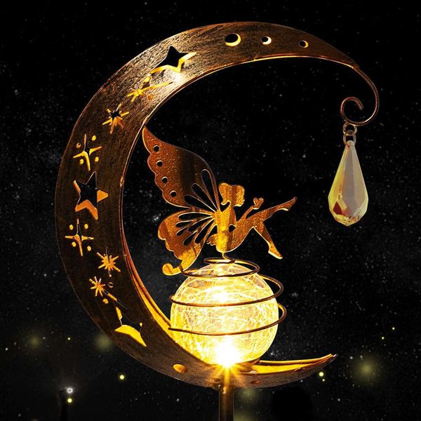 Licklip Moon Fairy Garden Solar Lights Outdoor, Globo de Crackle Glass With Angle Metal Angle à prova d'água LEVA LED BRANCA QUENTE, decoração para o gramado