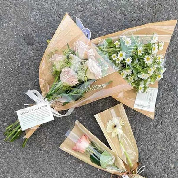 3 pcs regalo regalo 20pcs sacchetto di carta da fiore sacchetto a maniche a rosa singola imballaggio bouquet floreale pugno di cellophane kraft involucri floreali regalo