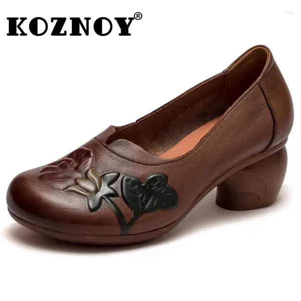 Sapatos casuais koznoy 5cm retro retro em couro genuíno de couro genuíno étnico confortável primavera outono as mulheres trabalham sem deslizar o salto alto no