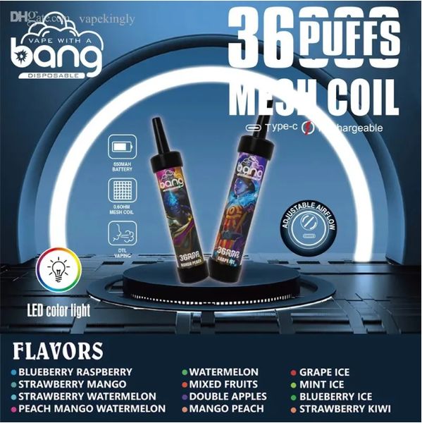 Bang 36000 Puffs Vapes Einweg -Zigaretten 0% 2% 3% 5% 40 ml vorgefüllter Pod 0,6 Ohm Mesh Spule 650 mAh wiederaufladbare Batterie einstellbare Puff 36K 25K Shisha Puff 15k