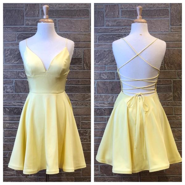 Vestidos de regresso a casa amarelo claro 2019 uma linha de espaguete de espaghetti vestidos de dança de baile curta