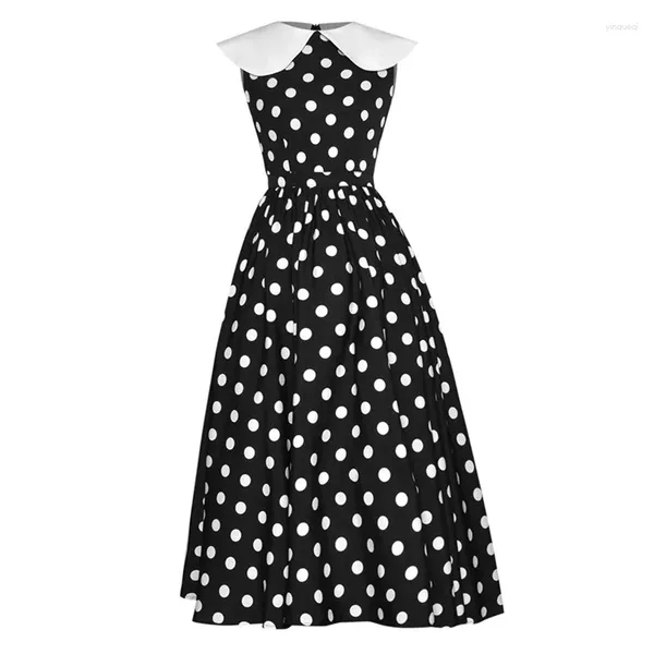 Vestidos casuais de estilo francês colarinho de colarinho sem mangas vestido grande giro mulheres temperamento slim polk dot primavera verão s803