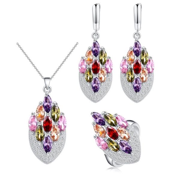 Viele Farben farbenfrohe kubische Zirkon 925 Sterling Silber Schmuck Set Ohrring Ring Halskette Set für Frauen Pretty Design7548012