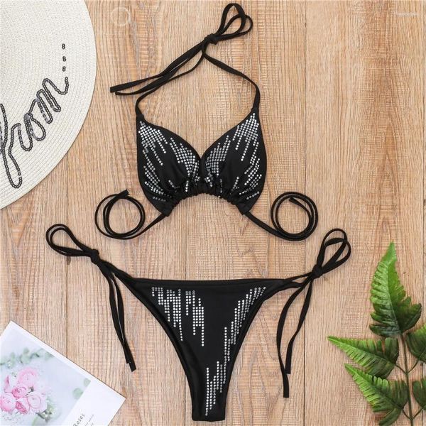 Roupa de banho feminina preto y2k shinestone biquíni tanga corda sexy feminino de maiô Trendência de duas peças Brasil Bathing Micro férias de férias