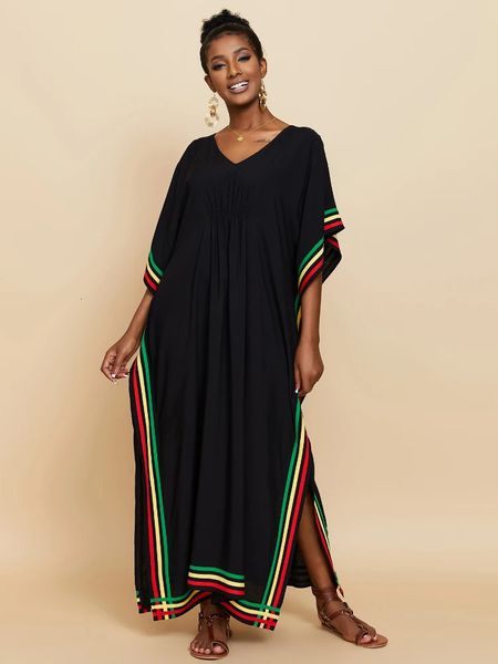 Cover -ups de praia kaftans para mulheres arco -íris maxi vestidos de manga curta Índia folhas de verão férias de férias de banho 240426