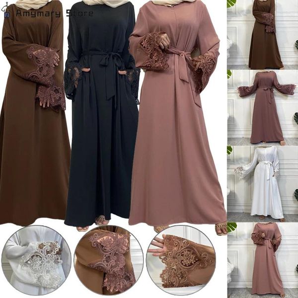 Abbigliamento etnico Abito con cerniera in pizzo fiore solido donna Abaya jilbab kaftan lungo musulmano dubai abayas cardigan abito medio Oriente