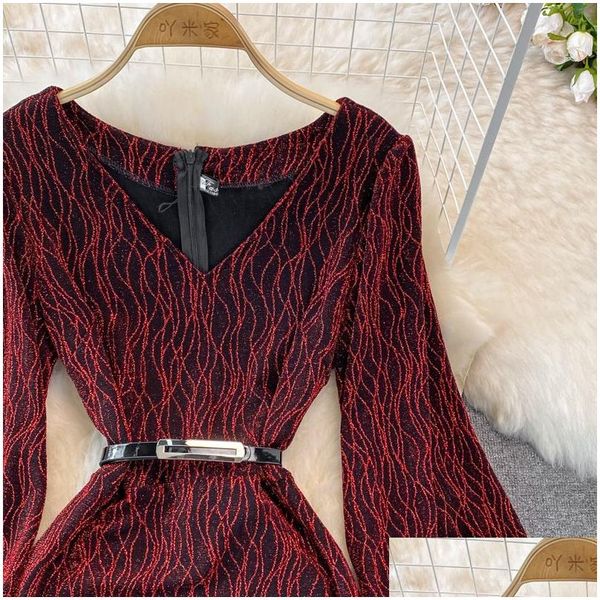 Grundlegende lässige Kleider y Red Bodycon Party Kleid Frauen elegant helle Seiden V-Neck Puff Langarm hoher Taille Scheide Vestidos weibliche neue DHGTs