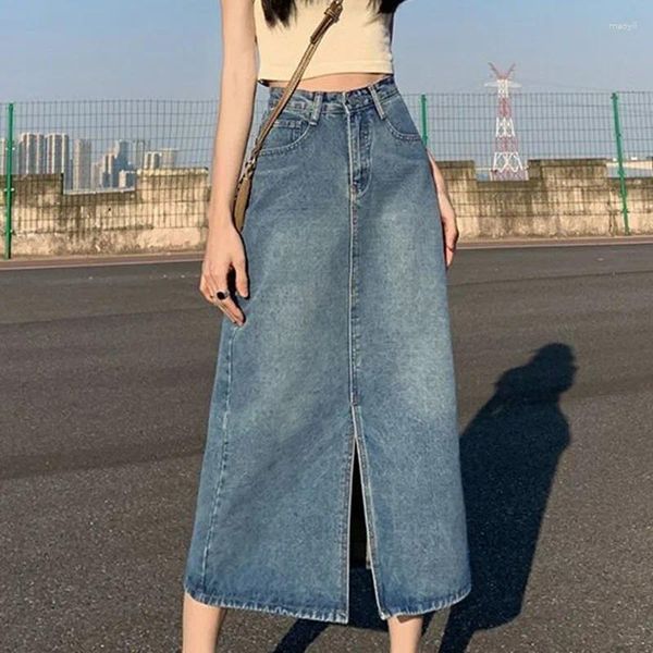 Saias da saia de jeans longa da primavera Mulheres vintage Solid Solid High Castel A-Line Slim Style Korean Jean Slit Midi Summer Fashion Girl