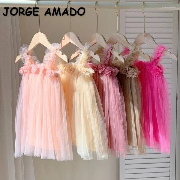 Vestidos de menina verão crianças vestido 3d flor doce beleza malha de malha de malha sólida strap praia Princesa saia fofa h2723