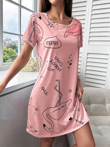 Vestidos de tamanho grande verão Casual Feminino Flamingo Pijama impresso de manga curta o pescoço de camiseta