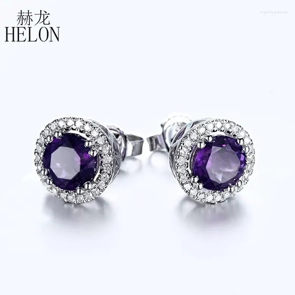 Серьги -грибы Helon Round 6mm Natural Amethyst Solid 14k 10K Белый золото Реальные бриллианты помолвка для женщин