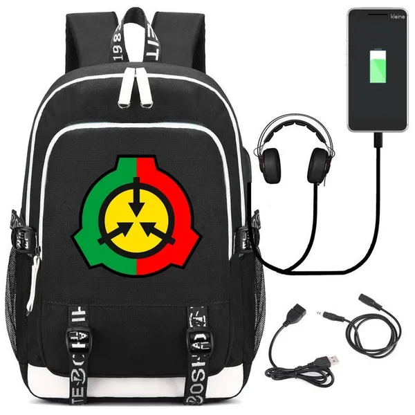 Backpack SCP Seguro Contere Protect USB Homens Homens Rucksack Sacos de Viagem Cosplay Kids Teens Student School Bookbag