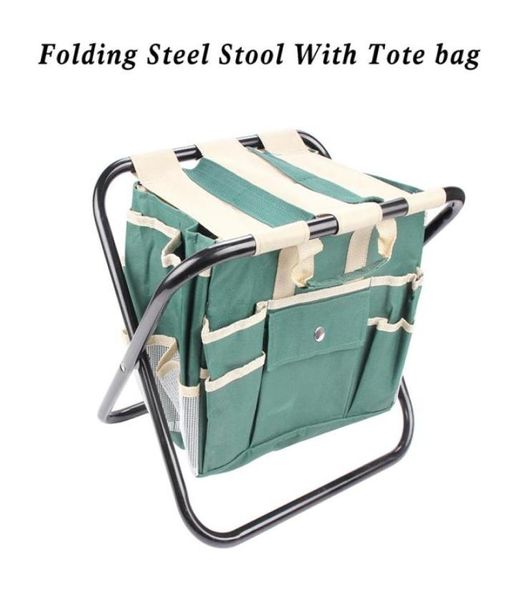 Садовый набор инструментов со складывающим стальным стулом и съемным пакетом для инструментов Canvas Allinone с несколькими карманами green272g1480163