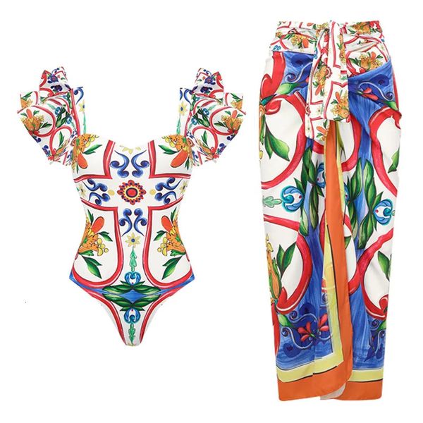 2024 Mulheres moda de banho 2pc Concobrar o maiô de traje sólido impresso Sólido Deep V Monokini Kimono Biquini Monokini Summer Beachwear 240510