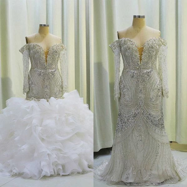 Luxury Meerjungfrau Brautkleider Applikationen Perlenkristallspitzen -Design abnehmbarer Zug Tüllfalten Stufe Mitte Made Plus Size Bridal Gown Vestidos de Novia