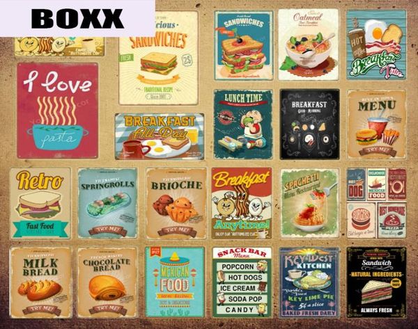 Retro Fast Food Breakfast Mittagessen Poster Home Küche Dekor Sandwich Milch Brot Wandkunst Gemälde Vintage Metall Zinnschilder Yi1928857151