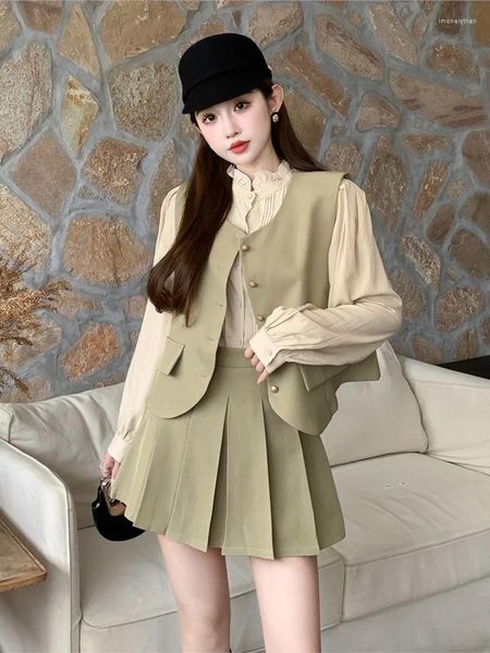 Arbeitskleider koreanische Mode Khaki -Rock Set Frauen Herbst Outwear Single Breace Tastencoat Long Sleeve Bouse Falten Miniröcke 3 Stück