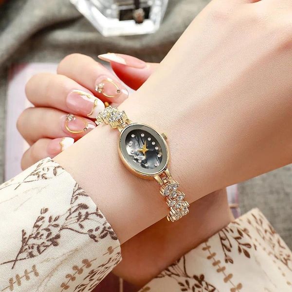 Нарученные часы мода проста, полная кристаллов, овальный бриллиантовый циферблат кварцевый стальный ремешок часы