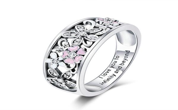 Модное серебро серебро 925 Sakura Cherry Blossom Розовое цветочное кольцо Женщины ювелирные изделия 69 для девочек Рождественские подарки 9478017